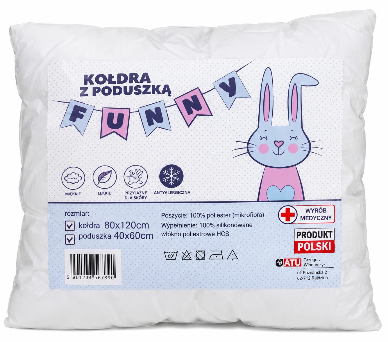 Kołdra dziecięca 80×120 + poduszka 40×60 – FUNNY, antyalergiczna, całoroczna